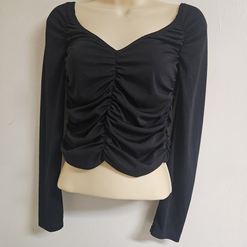 Zara-Elegant Black Ruched Women's Top Size S